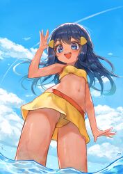  :d absurdres alternate_costume bikini black_hair blue_eyes blush cloud dawn_(pokemon) day eyelashes female from_below hair_ornament hairclip hand_up happy highres long_hair looking_down navel open_mouth outdoors pokemon pokemon_dppt rtb_(jbsb8423) sidelocks sky smile solo swimsuit teeth upper_teeth_only wading water water_drop yellow_bikini 