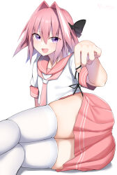  1boy astolfo_(fate) astolfo_(sailor_paladin)_(fate) black_bow bow fate/grand_order fate_(series) hairbow highres kitajima_yuuki looking_at_viewer medium_hair multicolored_hair necktie oerba_yun_fang official_alternate_costume open_mouth otoko_no_ko pink_hair pink_necktie pink_sailor_collar pink_skirt purple_eyes sailor_collar shirt skin_fang skirt smile solo streaked_hair white_background white_hair white_shirt 