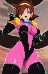  ass_visible_through_thighs black_bodysuit blue_eyes bodysuit breasts brown_hair campbell_xx clenched_hands commentary_request covered_navel cowboy_shot earrings eyes_visible_through_hair female from_below g_gundam gundam hair_over_one_eye hairband hand_up highres impossible_bodysuit impossible_clothes jewelry large_breasts looking_at_viewer mobile_trace_suit multicolored_bodysuit multicolored_clothes open_mouth pink_bodysuit rain_mikamura short_hair skin_tight solo sphere_earrings standing sweat teeth tongue two-tone_bodysuit upper_teeth_only v-shaped_eyebrows yellow_hairband 