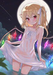  ahase_hino bare_shoulders blurry blurry_foreground breasts collarbone cowboy_shot crystal dress female flandre_scarlet full_moon highres lake medium_hair moon outdoors partially_submerged red_eyes see-through see-through_dress side_ponytail small_breasts solo spaghetti_strap touhou vampire wet white_dress wings 