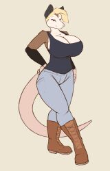  american_opossum anthro big_breasts blonde_hair boots bottomwear breasts brown_body brown_fur cleavage clothed clothing cybernetic_arm cybernetic_limb denim denim_bottomwear denim_clothing female footwear fur gloves_(marking) hair hand_on_hip hi_res huge_breasts jeans looking_at_viewer mammal markings marsupial pants pose possum_(devildjmachine) shirt shoes solo starfighter tan_body tan_fur tank_top topwear 