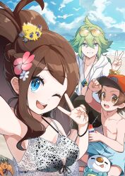  2boys armpits baseball_cap beach black_bra blue_eyes blue_shorts bra bra_visible_through_clothes brown_hair cloud cloudy_sky creature_on_head day dwebble eyewear_on_head female flower food green_eyes green_hair grin hair_between_eyes hair_flower hair_ornament hat highres hilbert_(pokemon) hilda_(pokemon) holding holding_food holding_ice_cream ice_cream jacket jewelry joltik long_hair looking_at_viewer momo_maru_(mmmrchiru) multiple_boys n_(pokemon) necklace no_shirt ocean open_mouth oshawott outdoors pimp pokemon pokemon_(creature) pokemon_bw ponytail red_hat selfie short_hair shorts sidelocks sky smile sundae topless_male underwear v water white_jacket wingull 