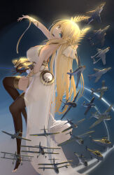  absurdres aircraft aircraft_request airplane azur_lane bare_shoulders blonde_hair blue_eyes breasts brown_thighhighs commentary_request dress female from_side full_body gold_trim hair_ornament hairclip helicopter highres large_breasts laurel_crown long_dress long_hair looking_at_viewer outstretched_arm ryosuke1225 see-through see-through_dress shaft_look solo thighhighs very_long_hair victorious_(azur_lane) white_dress 