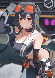  absurdres ahoge arm_up black_hair blush breasts cleavage clenched_teeth collarbone commentary cowboy_shot crop_top dyed_bangs edible_sus female gloves goggles goggles_on_head grace_howard highres huge_breasts long_hair looking_at_viewer orange_eyes outdoors ponytail sidelocks smile solo sweatdrop teeth white_gloves zenless_zone_zero 