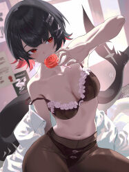  black_hair black_tail bow bow_panties bra breasts brown_bra brown_panties brown_pantyhose candy collarbone collared_shirt colored_inner_hair commentary ellen_joe female fingernails fins fish_tail food frilled_bra frills hair_ornament hairclip highres holding holding_candy holding_food holding_lollipop indoors lace-trimmed_bra lace_trim large_breasts lingerie lollipop medium_hair mole mole_under_eye multicolored_hair nail_polish navel panties panties_under_pantyhose pantyhose poster_(object) razor_blade_hair_ornament red_eyes red_hair red_nails saliva salmon88 shark_tail sharp_teeth shirt solo stomach strap_slip tail tail_wagging teeth two-tone_hair underwear white_bow white_shirt window x_hair_ornament zenless_zone_zero 