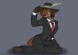  anthro brown_body brown_fur brown_hair business_attire business_suit businesswear clothed clothing digital_media_(artwork) fedora female fur green_eyes hair hat headgear headwear hi_res jenna_(kardokis) looking_at_viewer mammal mustelid necktie otter sealer4258 simple_background solo suit tail 