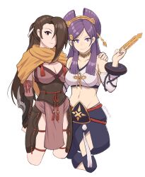  2girls absurdres arm_over_shoulder bare_shoulders breasts brown_eyes brown_hair cleavage comb english_commentary fire_emblem fire_emblem_fates hair_bun hair_ornament hair_over_one_eye hair_stick highres japanese_clothes jewelry kagero_(fire_emblem) kaphrin large_breasts long_hair looking_at_viewer midriff multiple_girls ninja orochi_(fire_emblem) ponytail purple_eyes purple_hair scarf smile yellow_scarf 