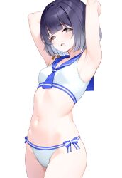  armpits arms_behind_head arms_up blush breasts commentary_request female gakuen_idolmaster groin hataya_misuzu highres idolmaster looking_at_viewer mole mole_under_mouth navel presenting_armpit purple_hair qianlou_(qianlou12374) sailor_bikini sailor_collar sailor_swimsuit_(idolmaster) short_hair simple_background small_breasts smile solo stomach white_background 