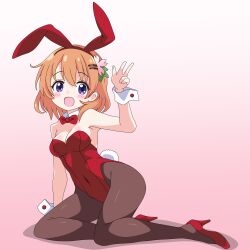  animal_ears black_pantyhose bow bowtie detached_collar fake_animal_ears female full_body gochuumon_wa_usagi_desu_ka? gradient_background high_heels highres hoto_cocoa leotard orange_hair pantyhose pink_background playboy_bunny purple_eyes rabbit_ears rabbit_tail red_bow red_bowtie red_footwear red_leotard sakuzo short_hair smile solo strapless strapless_leotard tail v wrist_cuffs 