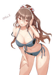  ashigara_(kancolle) bikini blue_bikini blush breasts brown_eyes brown_hair cowboy_shot female hair_ornament hairband highres kantai_collection large_breasts long_hair looking_at_viewer navel open_mouth ponytail signature smile solo swimsuit tetsukuzu_(yajirushi_shita) wavy_hair white_background white_hairband 