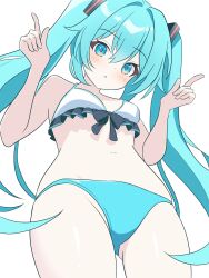  aqua_bikini aqua_eyes aqua_hair ass_visible_through_thighs bikini bow bow_bikini female frilled_bikini frills from_below hatsune_miku highres index_fingers_raised long_hair looking_at_viewer navel oekakishizuku open_mouth simple_background solo standing swimsuit twintails vocaloid white_background 