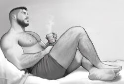  1boy bara beard bottom_(sexual_preference) bruh_(a_n_v_t_s) call_of_duty call_of_duty:_modern_warfare_2 cup facial_hair from_side full_beard full_body greyscale hairy highres holding holding_cup large_pectorals male_focus mature_male monochrome muscular muscular_male nipples pectorals profile realistic short_hair soap_(modern_warfare_2) solo steam top_(sexual_preference) topless_male undercut 