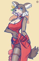  2019 5_fingers absurd_res accessory anthro beastars big_breasts black_nose blue_eyes breasts brown_body brown_fur canid canine canis claws cleavage clothed clothing conditional_dnp dress female fingers fur garter hi_res juno_(beastars) leg_garter makeup mammal multicolored_body multicolored_fur nexcoyotlgt one_shoulder_out red_clothing red_dress simple_background single_strap single_strap_clothing single_strap_dress smile solo standing two_tone_body two_tone_fur white_body white_fur wolf 