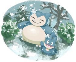  artsy-theo bare_tree claws commentary_request evolutionary_line facing_viewer fangs full_body looking_at_viewer munchlax no_humans outdoors pokemon pokemon_(creature) smile snorlax snow snowflakes snowing standing tree 