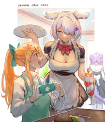  3girls absurdres alternate_costume alternate_hairstyle apron blonde_hair blue_eyes blue_hair blue_wings blush bob_cut border bow bowtie breasts brown_eyes butterfly_hair_ornament cellphone cleavage cleavage_cutout clothing_cutout dragon_tail elira_pendora english_text enmaided fairy food fork frills green_bow green_overalls hair_ornament hairbow hairclip head_wings highres holding holding_phone ice_cream large_breasts long_hair long_sleeves looking_at_another maid maid_apron maid_headdress maplesights medium_hair multicolored_eyes multicolored_hair multiple_girls nijisanji nijisanji_en one_eye_covered phone plate pointy_ears pomu_rainpuff ponytail protected_link puffy_short_sleeves puffy_sleeves purple_hair red_bow red_bowtie red_eyes selen_tatsuki short_hair short_sleeves siblings sisters skirt smartphone smile steak sundae sweatdrop sweater table tail thighhighs virtual_youtuber waist_apron waitress white_apron white_background white_hair white_sweater white_thighhighs wings x_hair_ornament 