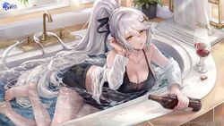  absurdres alcohol azur_lane bare_legs barefoot bathtub bibimbub black_bra black_ribbon black_shorts bottle bra braid breasts cleavage commentary copyright_name cork cup drinking_glass english_commentary expressionless faucet feet female foot_out_of_frame glint grey_hair hair_between_eyes hair_ornament hair_ribbon hairclip halterneck hand_in_own_hair highres holding holding_bottle kirov_(azur_lane) kirov_(blend_r)_(azur_lane) lace-trimmed_bra lace_trim large_breasts legs logo long_hair looking_at_viewer midriff milestone_celebration off_shoulder official_alternate_costume open_clothes open_shirt parted_lips partially_submerged ponytail red_wine ribbon second-party_source see-through shirt short_shorts shorts solo swept_bangs toes towel towel_rack underwear very_long_hair water watermark wet wet_clothes wet_shirt white_shirt wine wine_bottle wine_glass yellow_eyes 