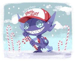  artsy-theo baseball_cap candy candy_cane clothed_pokemon cloud cloudy_sky commentary_request day fatal_fury fatal_fury_cap food full_body grin hat holding holding_candy holding_candy_cane holding_food looking_at_viewer no_humans outdoors pokemon pokemon_(creature) sableye signature sky smile solo standing 