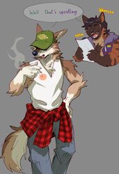  absurd_res anthro baseball_cap bottomwear brown_hyena canid canine canis cape_escape cigarette clothing clothing_writing coyote crimsonrabbit denim denim_bottomwear denim_clothing duo gnollplaying_games hat headgear headwear hi_res hidden_eyes hyena jeans jet_adler_(cape_escape) laugh male mammal marrow_(sebastiansb) pants scene_interpretation scene_parody shirt smoking smoking_cigarette stripes tank_top topwear trucker_hat voice_actor_joke 