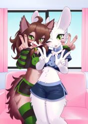  2022 5_fingers absurd_res anthro breasts brown_hair canid canine canis clothed clothing countershading digital_media_(artwork) eira_(theonlyskywoof) female fingers green_eyes hair hi_res lagomorph leporid looking_at_viewer mammal midriff open_mouth rabbit red_wolf skylar_zero teeth tongue unousaya wolf 