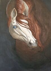  absurd_res ambiguous_gender blue_eyes brown_body brown_fur brown_hair colored colored_pencil_(artwork) copic_markers equid equine feral fur hair hi_res horse mammal mireina quarter_horse solo traditional_media_(artwork) 