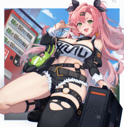  :3 absurdres bare_shoulders black_jacket black_shorts black_thighhighs blue_sky blush border breasts briefcase clothing_cutout commentary_request crop_top female green_eyes hair_ornament hairclip highres holding holding_briefcase jacket kneeling large_breasts long_hair long_sleeves looking_at_viewer micro_shorts mixed-language_commentary mole mole_under_eye nicole_demara open_mouth outside_border p1n pink_hair shorts shoulder_cutout single_thighhigh sky smile solo thighhighs thighs two_side_up v vending_machine white_border zenless_zone_zero 