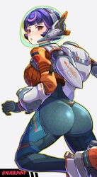  :o absurdres ass ass_focus blue_bodysuit bodysuit breasts brown_eyes female from_behind gloves helmet highres jacket juno_(overwatch) looking_at_viewer multicolored_hair nuebunny open_mouth overwatch overwatch_2 pink_hair purple_hair short_hair simple_background solo space_helmet thighs 