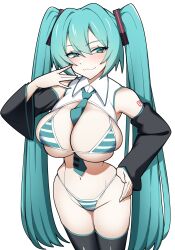  absurdres alternate_breast_size aqua_bikini aqua_eyes aqua_hair aqua_necktie bare_shoulders between_breasts bikini black_sleeves black_thighhighs blush breasts cowboy_shot detached_sleeves female groin hair_between_eyes hair_ornament hand_on_own_hip hatsune_miku highleg highleg_bikini highres kdtwifi large_breasts long_hair looking_at_viewer meme_attire miku_collar_bikini navel necktie necktie_between_breasts number_tattoo parted_lips shoulder_tattoo simple_background skindentation smile solo standing string_bikini striped_bikini striped_clothes swimsuit tattoo thighhighs tie_clip twintails underboob very_long_hair vocaloid white_background 