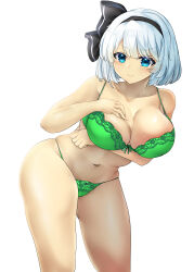  absurdres aqua_eyes black_hairband blush bra breasts cleavage closed_mouth commentary_request female ghost green_bra green_panties grey_hair hairband highres konpaku_youmu konpaku_youmu_(ghost) large_breasts leaning_forward looking_at_viewer navel paid_reward_available panties poke200 short_hair simple_background solo textless_version touhou underwear variant_set white_background 