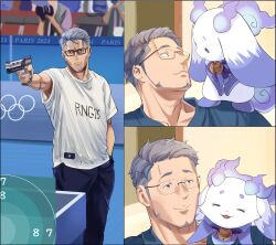  2024_paris_olympics aiming_gun ambiguous_gender beard bell clothed clothing duo eyewear facial_hair fur glasses gun handgun hi_res holding_gun holding_handgun holding_object holding_ranged_weapon holding_weapon human lunlun_(nijisanji) maimoto_keisuke male mammal meme nijisanji olympics purple_body purple_fur ranged_weapon shirogamisaysho unknown_species vtuber weapon white_body white_fur yusuf_dikec 