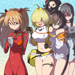  5girls ahoge black_hair blonde_hair blue_eyes bodysuit breasts brown_hair cropped_jacket crossover elegg_(nikke) excited exia_(nikke) frown goddess_of_victory:_nikke green_eyes hair_intakes hair_ornament hair_over_one_eye hiding hiding_behind_another highres jacket large_breasts large_pectorals long_hair looking_at_another looking_back maiden_(nikke) medium_breasts medium_hair multiple_girls neon_genesis_evangelion oerba_yun_fang pectorals purple_eyes red_bodysuit red_eyes scared shirt shorts smile souryuu_asuka_langley syope trony_(nikke) white_jacket white_shirt white_shorts 