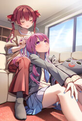  2girls ahoge alternate_costume black_jacket black_socks blue_hair blue_nails blue_necktie blue_skirt blue_sky blush brushing_another&#039;s_hair brushing_hair cardigan closed_eyes cloud cloudy_sky collarbone comb commentary_request couch curly_hair day hair_ribbon hand_on_own_leg highres holding_another&#039;s_hair hololive houshou_marine indoors jacket jersey long_hair long_sleeves looking_up minato_aqua multicolored_hair multiple_girls nail_polish necktie neko_(minato_aqua) no_shoes open_clothes open_jacket open_mouth pants pink_eyes pink_hair pleated_skirt red_hair red_pants red_ribbon ribbed_cardigan ribbon school_uniform shelf shirt sitting skirt sky sleeves_rolled_up smile socks streaked_hair summer_tail720 thighs twintails two-tone_hair virtual_youtuber white_shirt window yellow_cardigan yellow_shirt 