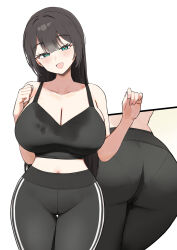  bare_shoulders black_hair black_pants black_sports_bra blush breasts clenched_hand closed_mouth commentary commission cowboy_shot female hands_up highres large_breasts long_hair looking_at_viewer original pants simple_background smile sports_bra sweat sweaty_clothes thigh_gap twin_(tt_lsh) white_background yoga_pants 