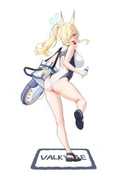  absurdres animal_ears ass back_cutout bag black_footwear blonde_hair blue_archive blue_eyes blue_halo blush bottle breasts character_charm charm_(object) clothing_cutout commentary_request competition_swimsuit dog_ears dog_girl duffel_bag female from_behind hair_over_one_eye halo highres holding holding_bottle kanna_(blue_archive) kanna_(swimsuit)_(blue_archive) kkuni kneepits large_breasts looking_at_viewer multicolored_clothes multicolored_swimsuit official_alternate_costume official_alternate_hairstyle one-piece_swimsuit open_mouth plastic_bottle ponytail sharp_teeth simple_background solo standing standing_on_one_leg swimsuit teeth water_bottle whistle white_background white_one-piece_swimsuit 