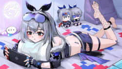  ... ass bare_shoulders barefoot black_gloves black_jacket black_ribbon black_shorts blush character_doll commentary_request crop_top feet female fingerless_gloves fishnets gloves grey_eyes grey_hair hair_ribbon handheld_game_console highres holding holding_handheld_game_console honkai:_star_rail honkai_(series) jacket kari90909 long_hair lying midriff nintendo_switch on_stomach parted_lips ribbon short_shorts shorts silver_wolf_(honkai:_star_rail) soles spoken_ellipsis thigh_strap thighs 