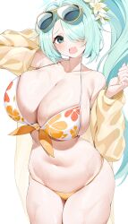  absurdres aqua_hair bikini blue_archive breasts casul commentary_request curvy eyewear_on_head female flower hair_flower hair_ornament hair_over_one_eye highres hiyori_(blue_archive) hiyori_(swimsuit)_(blue_archive) huge_breasts jacket long_hair looking_at_viewer navel official_alternate_costume open_mouth simple_background solo sunglasses swimsuit wet white_background yellow_jacket 