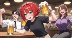  1boy 2girls ai_generated bar beer cheering femboy group_picture large_breasts sfw watermark 