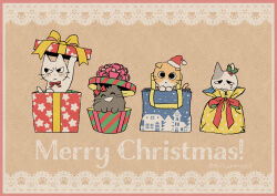  amayakasuneko ambiguous_gender christmas christmas_clothing christmas_headwear clothing domestic_cat felid feline felis feral group hat headgear headwear holidays mammal mojacookie nagameruneko official_art present_wrap santa_hat shikaruneko shikaruneko_(series) whiskers 