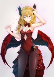  angel_wings arm_up armpits blonde_hair bow bowtie breasts brown_dust brown_dust_2 brown_eyes brown_pantyhose cleavage closed_mouth demon_girl elise_(brown_dust_2) feet_out_of_frame female groin hair_between_eyes large_breasts leotard looking_at_viewer low_wings medium_breasts pantyhose pointy_ears red_bow red_bowtie red_leotard red_wings simple_background skull_ornament smile solo toriizu_chikin wings 