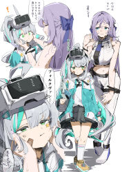  ! 2girls absurdres ahoge anger_vein bandaid bandaid_on_face bare_shoulders blue_eyes bow bracelet breasts commentary_request epinel_(nikke) facial_mark facing_viewer fanning_self folkwang_(nikke) goddess_of_victory:_nikke green_eyes grey_hair grey_skirt hairbow hands_on_another&#039;s_cheeks hands_on_another&#039;s_face head-mounted_display height_difference highres hood hood_down hoodie jewelry long_hair looking_at_another maton_3110 multicolored_hair multiple_girls multiple_views navel pink_nails pleated_skirt ponytail purple_bow purple_hair shirt sideways_glance simple_background skirt speech_bubble star_(symbol) star_facial_mark streaked_hair sweat translation_request two-tone_hair underboob white_background white_hoodie white_shirt 