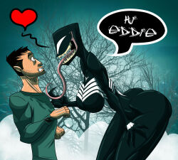  alien alien_humanoid ass bent_over breasts clothing dialogue duo eddie_brock emblem empty_eyes eye_contact female fog heart_symbol hi_res human human_on_humanoid humanoid interspecies long_tongue looking_at_another male male/female mammal marvel not_furry open_mouth plant sharp_teeth she-venom shirt smile speech_bubble symbiote teeth text therizkpiecraft tongue tongue_out topwear tree venom_(marvel) 