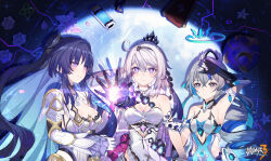  3girls :o absurdres arm_up armpit_crease armpits bare_shoulders black_gloves black_hairband blue_dress blue_eyes blue_hair blue_pupils blue_ribbon blush breasts bronya_zaychik bronya_zaychik_(herrscher_of_truth) chinese_commentary cleavage closed_mouth clothing_cutout colored_inner_hair commentary_request detached_sleeves dress gauntlets gloves grey_eyes grey_hair hair_between_eyes hair_ornament hair_ribbon hairband halo highres honkai_(series) honkai_impact_3rd huiyuanaideknight kiana_kaslana kiana_kaslana_(herrscher_of_finality) large_breasts logo long_hair looking_at_another looking_at_viewer medium_breasts multicolored_hair multiple_girls o-ring_dress outstretched_arms pink_pupils purple_eyes purple_hair raiden_mei raiden_mei_(herrscher_of_origin) reaching ribbon short_sleeves side_cutout sidelocks smile upper_body very_long_hair white_dress white_hair white_sleeves 