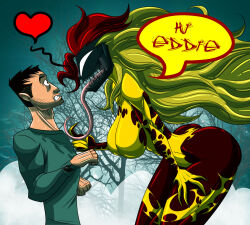  alien alien_humanoid ass bent_over breasts clothing dialogue duo eddie_brock empty_eyes eye_contact female fog heart_symbol hi_res human human_on_humanoid humanoid interspecies long_tongue looking_at_another male male/female mammal marvel multicolored_body not_furry open_mouth plant red_body scream_(marvel) sharp_teeth shirt smile speech_bubble symbiote teeth text therizkpiecraft tongue tongue_out topwear tree two_tone_body yellow_body 