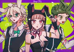  2boys :d ahoge animal_ears animal_hood arm_warmers bare_shoulders black_leotard bow bowtie breasts brown_eyes brown_hair danganronpa_(series) danganronpa_2:_goodbye_despair detached_collar fake_animal_ears female flipped_hair galaga green_bow green_bowtie green_necktie grey_eyes heart highres hinata_hajime holding holding_tray hood komaeda_nagito large_breasts leotard medium_hair meta_akira mole mole_on_breast multicolored_background multiple_boys nanami_chiaki necktie official_alternate_costume playboy_bunny rabbit_boy rabbit_ears rabbit_hood short_hair smile teeth tray upper_teeth_only white_leotard 