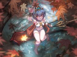  :d absurdres applelin arm_up autumn_leaves bare_back bare_legs barefoot blue_hair commentary_request detached_sleeves female highres holding holding_leaf honkai:_star_rail honkai_(series) leaf midriff nail_polish navel open_mouth orange_eyes red_nails revision short_sleeves smile solo stomach yunli_(honkai:_star_rail) 