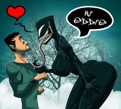  alien alien_humanoid ass bent_over breasts clothing dialogue duo eddie_brock empty_eyes eye_contact female fog heart_symbol hi_res human human_on_humanoid humanoid interspecies long_tongue looking_at_another male male/female mammal marvel not_furry open_mouth plant sharp_teeth she-venom shirt smile speech_bubble symbiote teeth text therizkpiecraft tongue tongue_out topwear tree venom_(marvel) 