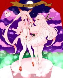  2girls bare_shoulders breasts choker clefable cone_hair_bun crescent crescent_earrings curtains double_bun dress earrings full_body full_moon hair_bun highres holding_hands huge_breasts igglybuff jewelry large_breasts long_hair moon multiple_girls oerba_yun_fang open_mouth personification pink_hair pokedex_number pokemon pokemon_(creature) thighhighs twintails very_long_hair white_dress white_thighhighs wigglytuff yuzu_ichika 