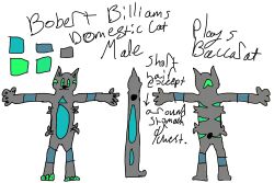  3_toes 4_fingers anthro big_nose blue_body blue_fur bobert_billiams domestic_cat ear_markings ears_up elkskin english_text feet felid feline felis fingers fluffy_chest full-length_portrait fur green_body green_eyes green_fur grey_body grey_fur happy joyous male mammal markings model_sheet neon_green original_character(s) oval portrait prick_ears rear_view side_view simple_background standing tailless text toes triangle_(shape) white_background 