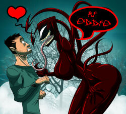  absurd_res alien alien_humanoid ass bent_over breasts carnage_(marvel) clothing dialogue duo eddie_brock empty_eyes eye_contact female fog heart_symbol hi_res human human_on_humanoid humanoid interspecies long_tongue looking_at_another male mammal marvel not_furry open_mouth plant rule_63 sharp_teeth shirt smile speech_bubble symbiote teeth tendrils text therizkpiecraft tongue tongue_out topwear tree 