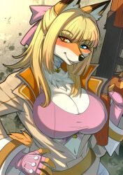  akai_hime_(wild_assault) anthro belt big_breasts blonde_hair blush blushing_at_viewer bra breasts buxom canid canine cleavage clothed clothed_anthro clothed_female clothing collar female fingerless_gloves fox gloves gun hair hand_on_hip handwear headgear heart_clothing heart_symbol heterochromia hi_res holding_gun holding_object holding_ranged_weapon holding_weapon jacket jacket_vest looking_at_viewer mammal midriff navel powree ranged_weapon smile smiling_at_viewer solo topwear underwear vest weapon wild_assault 