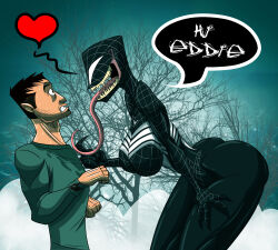  absurd_res alien alien_humanoid ass bent_over breasts clothing dialogue duo eddie_brock emblem empty_eyes eye_contact female fog heart_symbol hi_res human human_on_humanoid humanoid interspecies long_tongue looking_at_another male male/female mammal marvel not_furry open_mouth plant sharp_teeth she-venom shirt smile speech_bubble symbiote teeth text therizkpiecraft tongue tongue_out topwear tree venom_(marvel) 